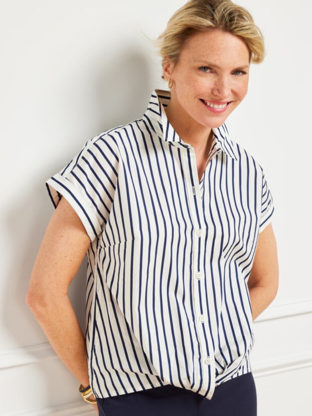 Talbots Talbots Plus Women's Blue White Nautical Stripe Twist Hem Shirt Size 1X